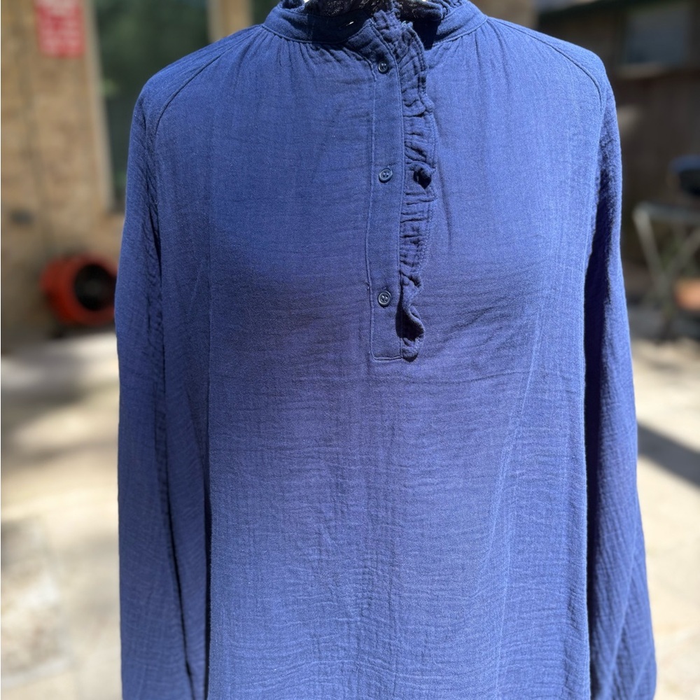 H&M Deep Blue Casual Long Sleeve Ruffle Button Down Shirt